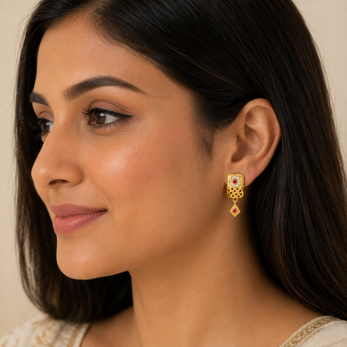 Traditional Royal Ruby-Accented Rectangle Drop Earrings