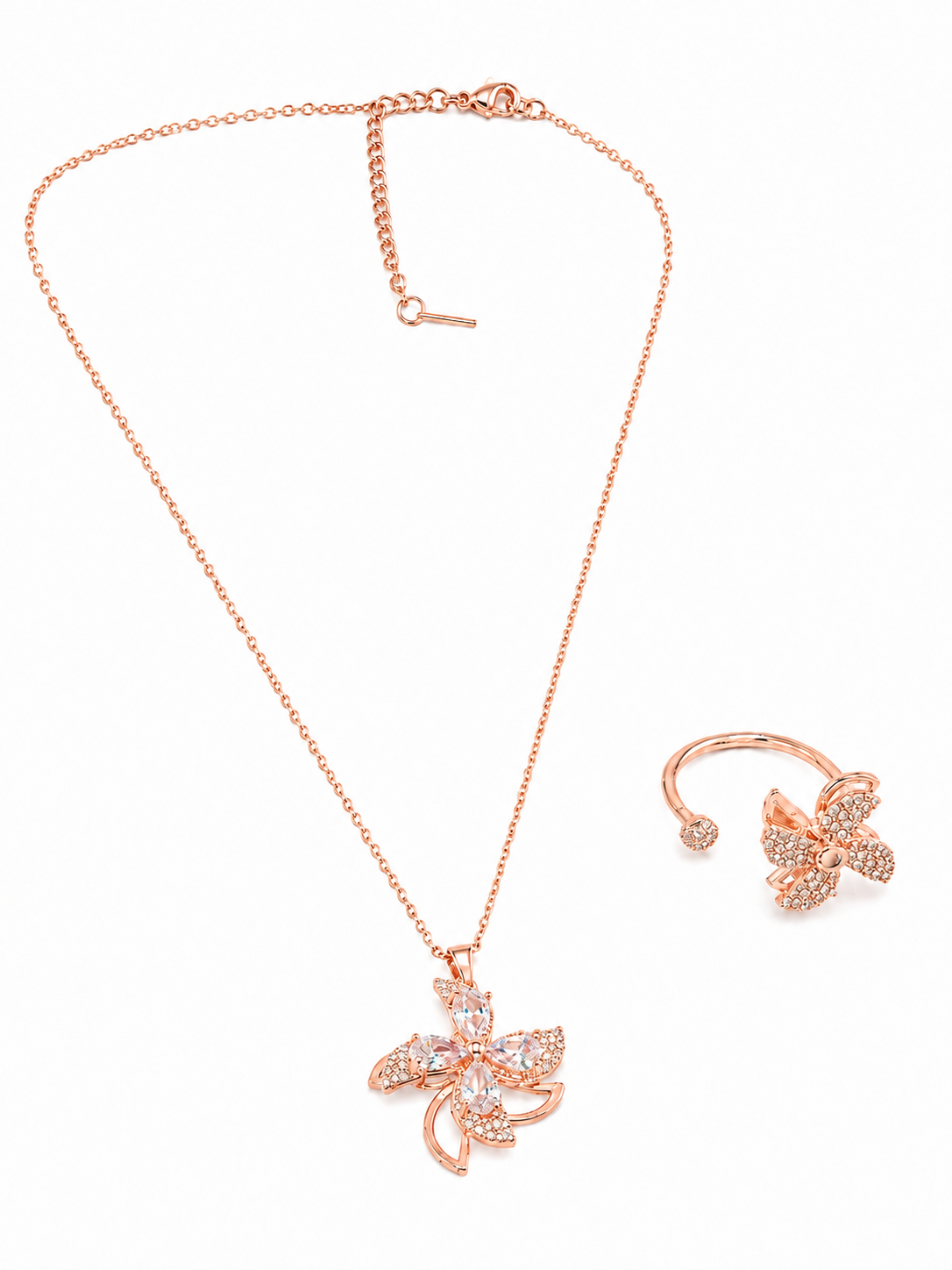 Elegant Rose Gold Crystal Floral Pendant Necklace with Matching Ring Combo Set for Women