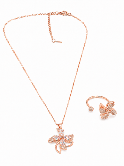 Elegant Rose Gold Crystal Floral Pendant Necklace with Matching Ring Combo Set for Women