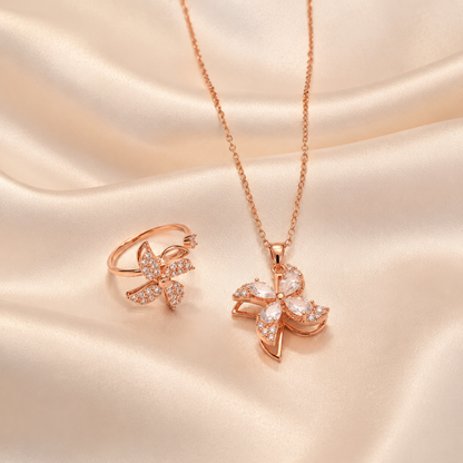 Elegant Rose Gold Crystal Floral Pendant Necklace with Matching Ring Combo Set for Women