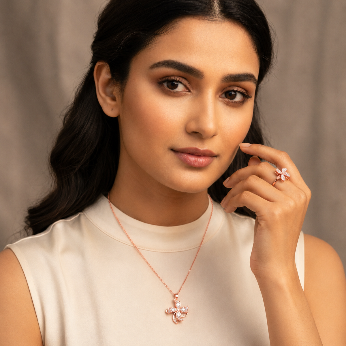 Elegant Rose Gold Crystal Floral Pendant Necklace with Matching Ring Combo Set for Women
