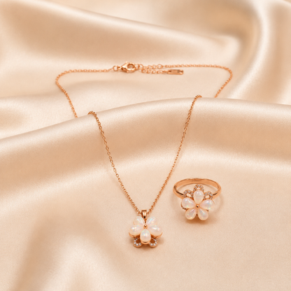 Elegant Rose Gold Opal Floral Pendant Necklace with Matching Ring Combo Set for Women