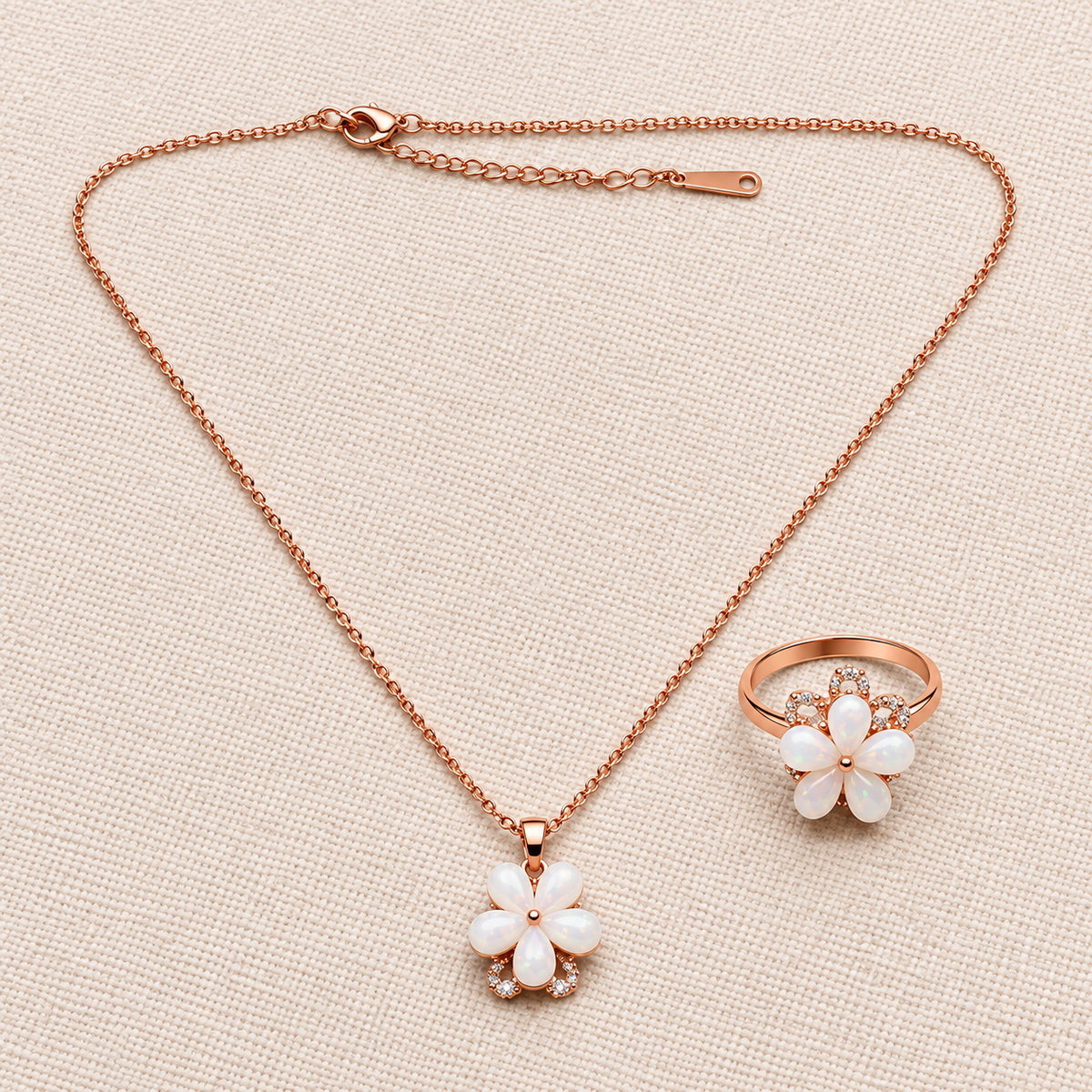 Elegant Rose Gold Opal Floral Pendant Necklace with Matching Ring Combo Set for Women
