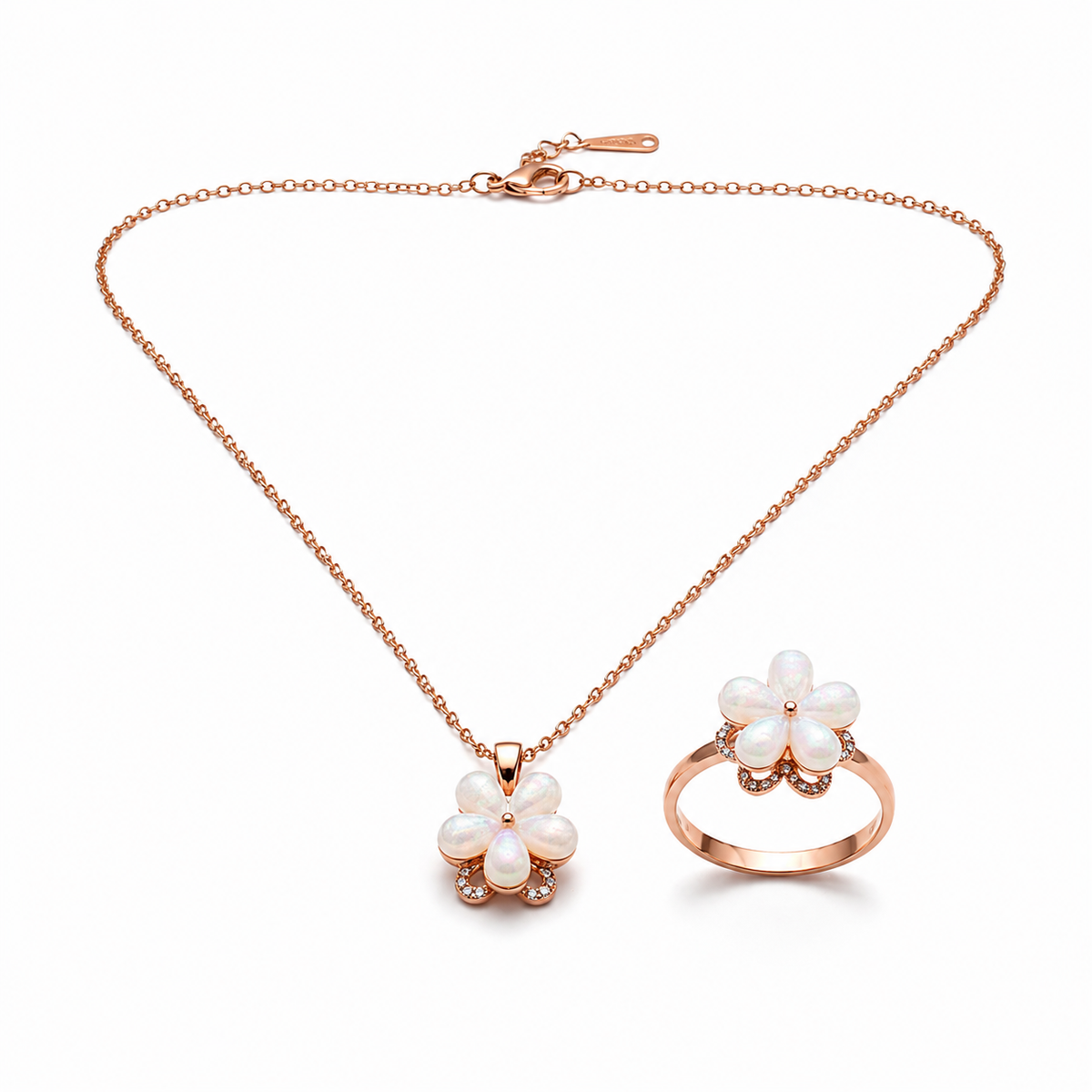 Elegant Rose Gold Opal Floral Pendant Necklace with Matching Ring Combo Set for Women