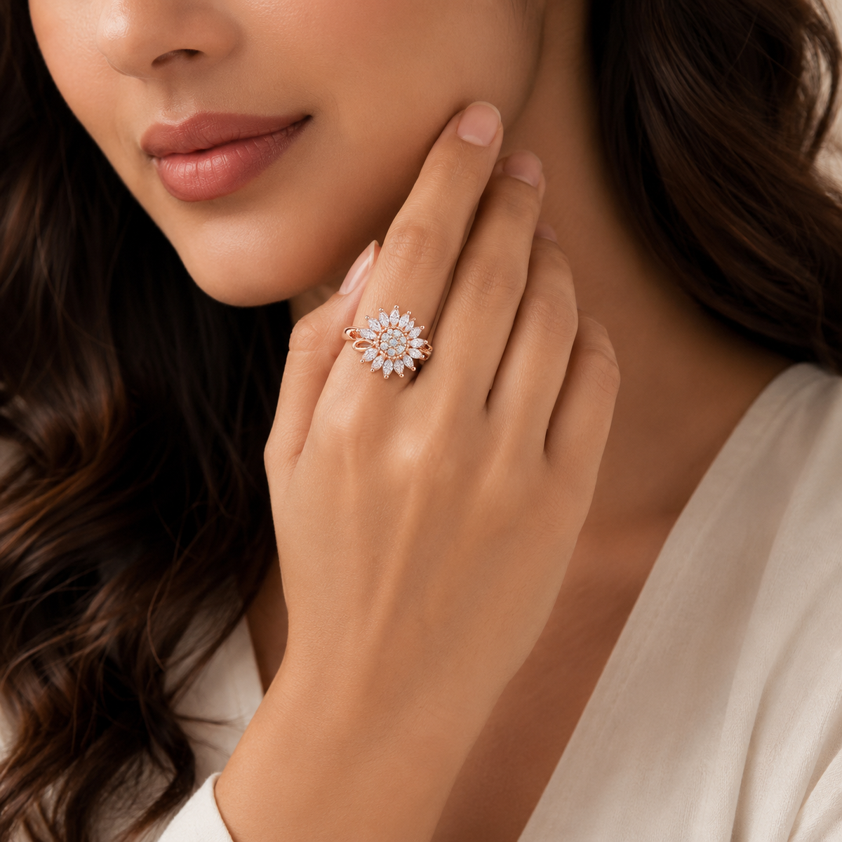 Rose Gold Crystal Floral 360° Rotating Spinner Ring