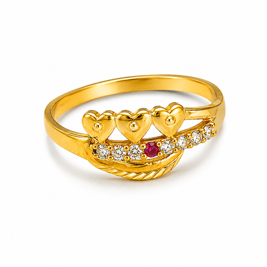 Royal Triple Heart Ruby CZ Elegance Ring