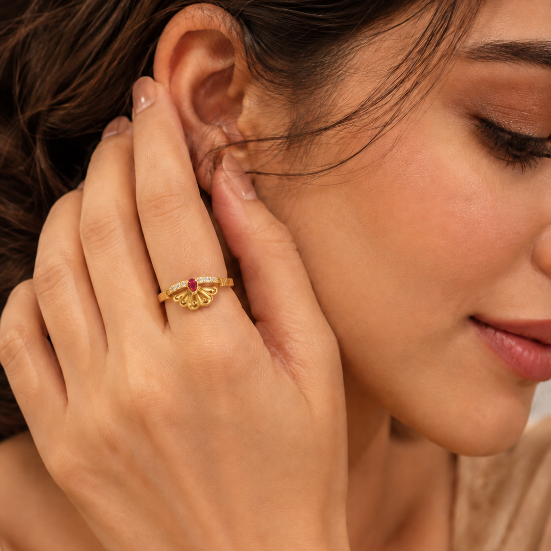 Royal Ruby Peacock Bloom CZ Designer Ring