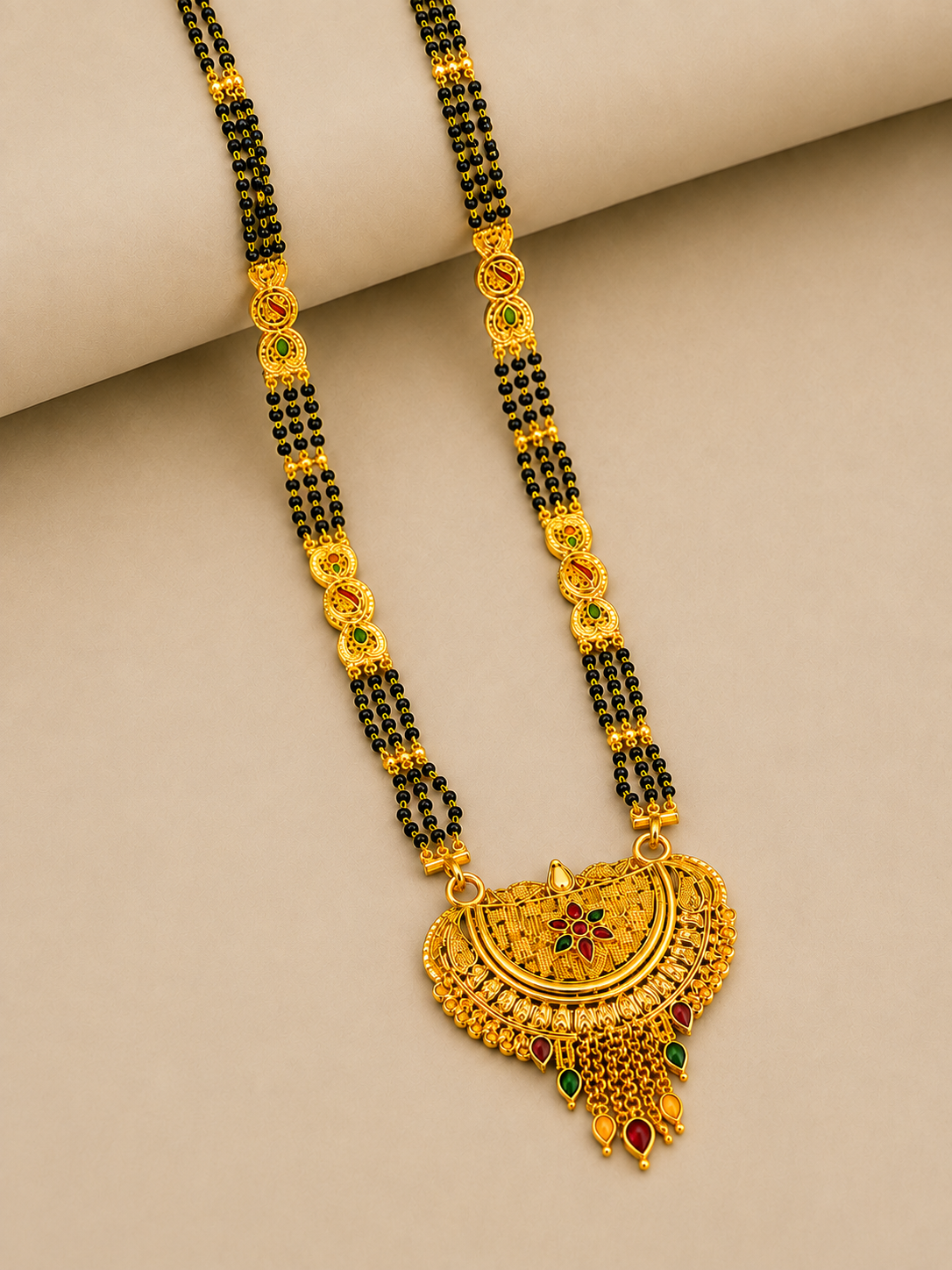 Traditional Bridal Mangalsutra Necklace with Black Beads and Ornate Pendant