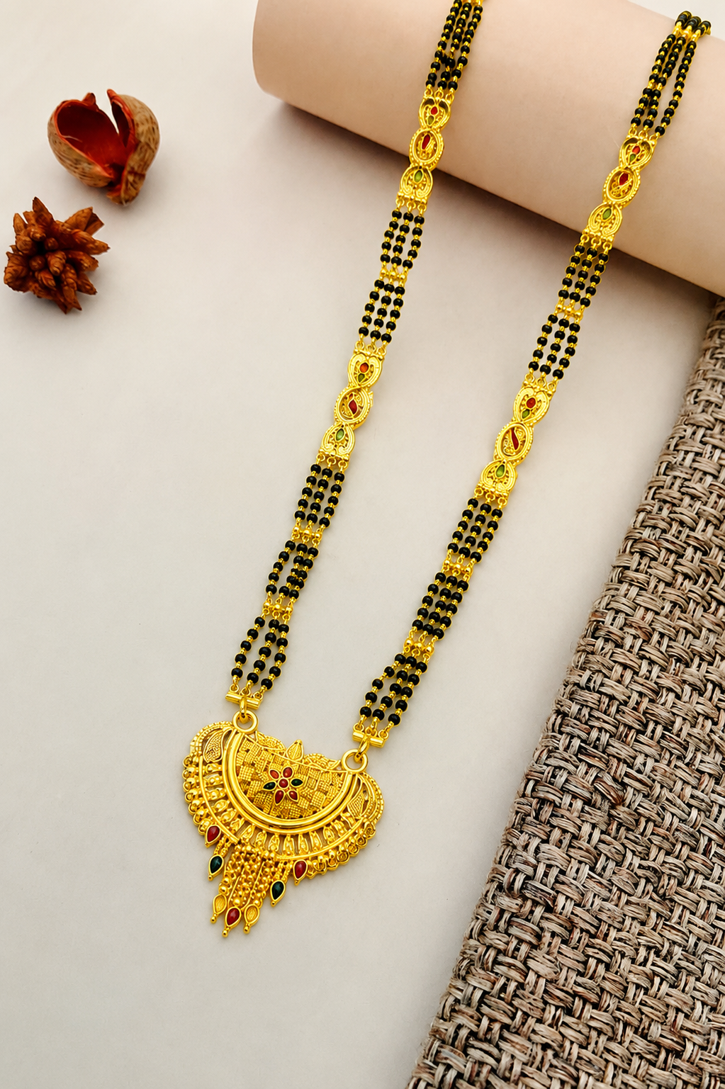 Traditional Bridal Mangalsutra Necklace with Black Beads and Ornate Pendant