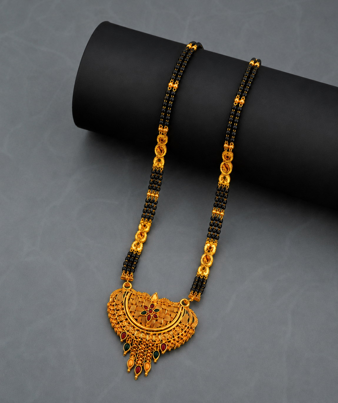 Traditional Bridal Mangalsutra Necklace with Black Beads and Ornate Pendant