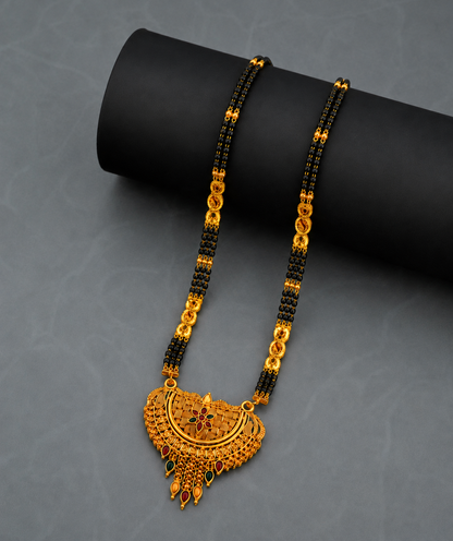 Traditional Bridal Mangalsutra Necklace with Black Beads and Ornate Pendant