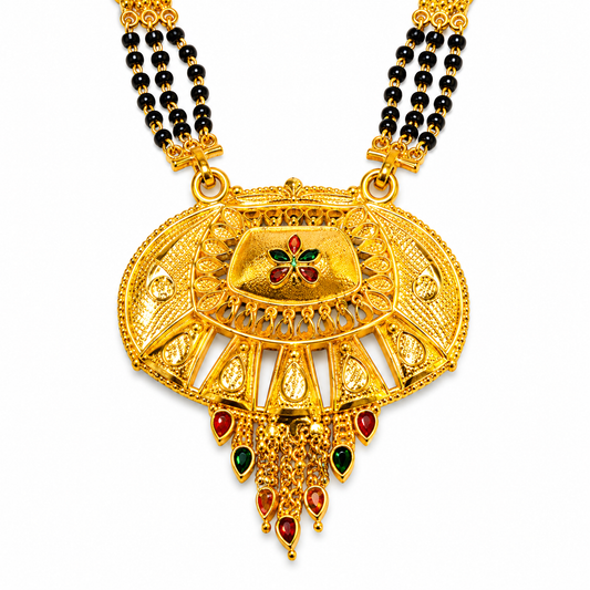 Traditional Black Bead Mangalsutra with Antique Floral Designer Pendant for Women