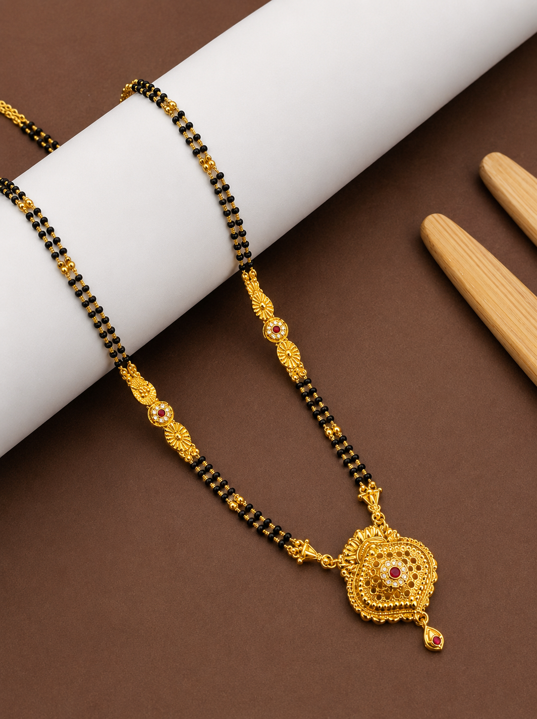Traditional Black Bead Mangalsutra Necklace with Designer Round Pendant for Women