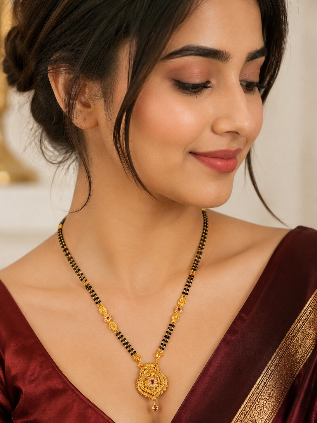 Traditional Black Bead Mangalsutra Necklace with Designer Round Pendant for Women