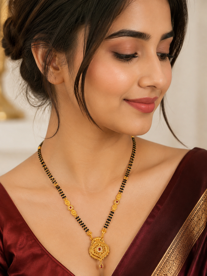 Traditional Black Bead Mangalsutra Necklace with Designer Round Pendant for Women