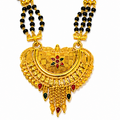 Traditional Bridal Mangalsutra Necklace with Black Beads and Ornate Pendant