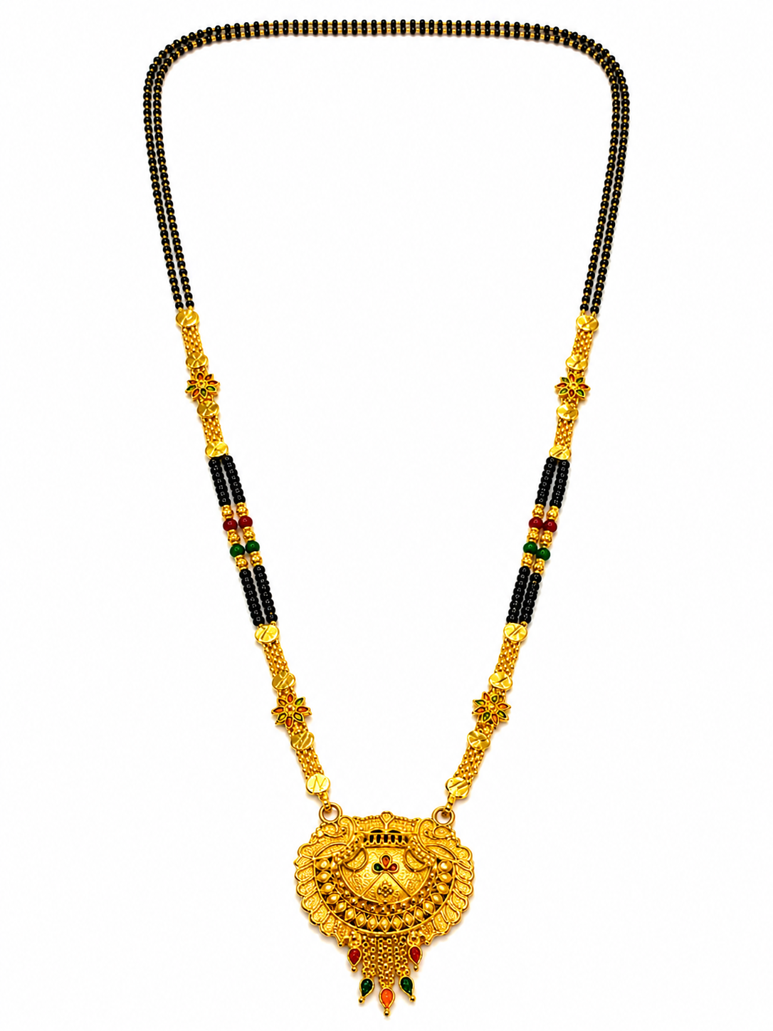 Traditional Black Bead Mangalsutra with Antique Round Multicolor Designer Pendant for Women