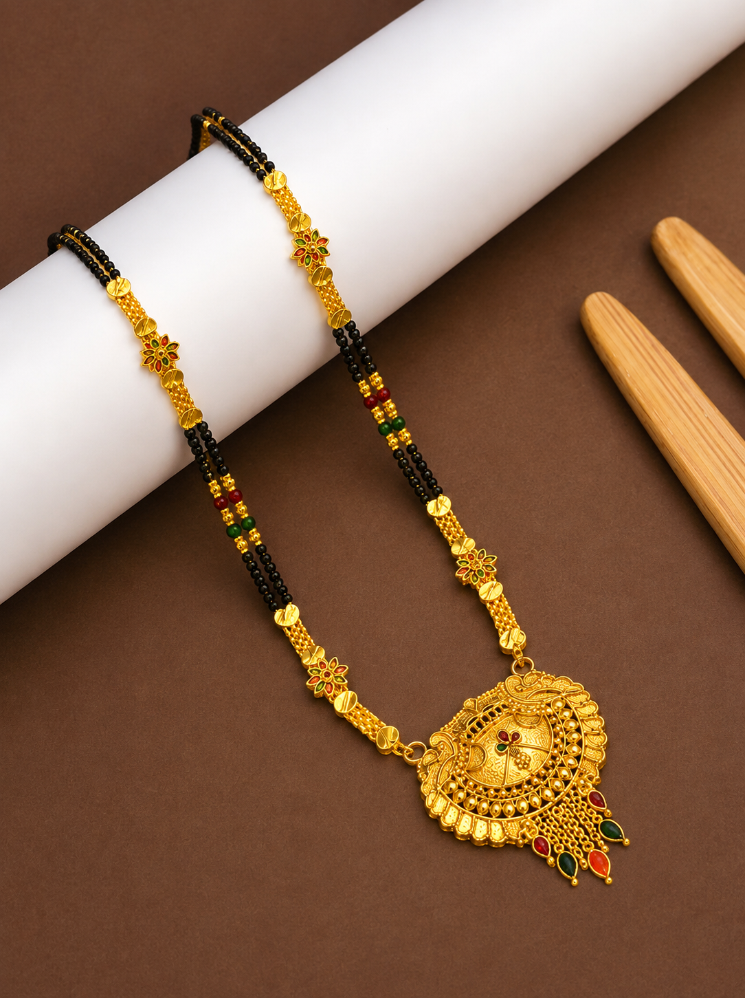 Traditional Black Bead Mangalsutra with Antique Round Multicolor Designer Pendant for Women