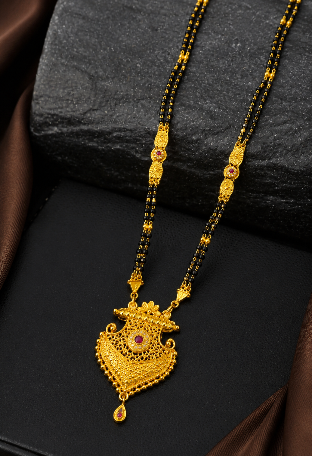 Traditional Long Black Bead Mangalsutra Necklace with Intricate Designer Pendant for Women