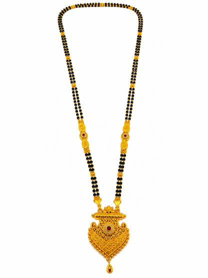 Traditional Long Black Bead Mangalsutra Necklace with Intricate Designer Pendant for Women