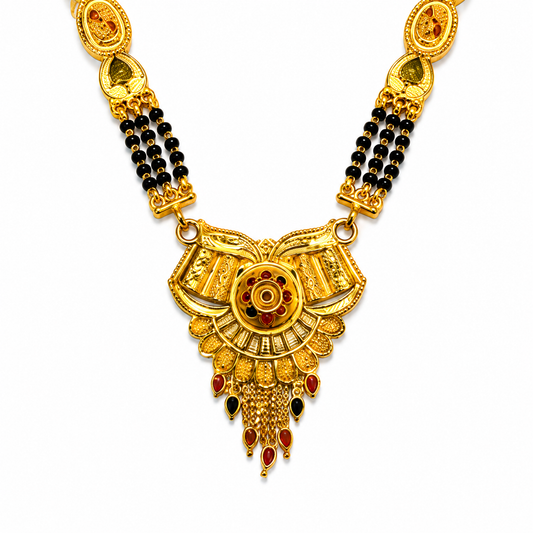Traditional Long Black Bead Mangalsutra with Antique Floral Designer Pendant for Women