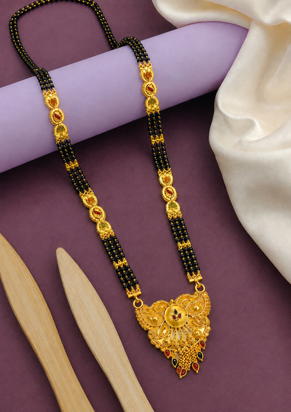 Traditional Long Black Bead Mangalsutra for Women with Royal Antique Designer