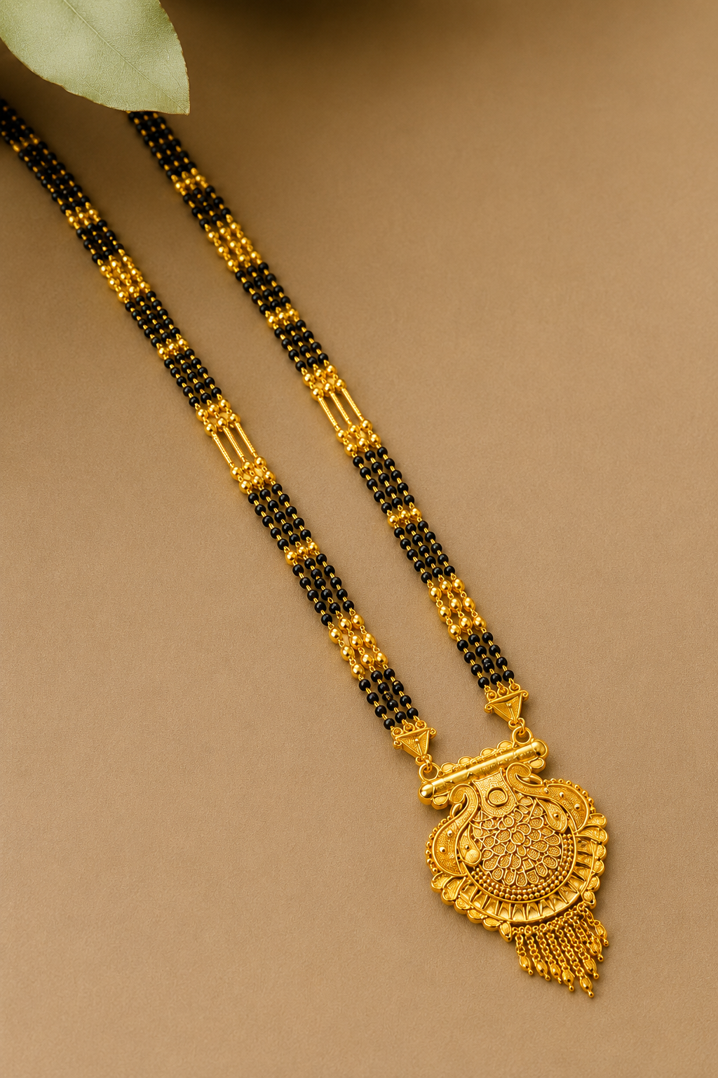 Traditional Long Black Bead Mangalsutra for Women with Royal Peacock Designer