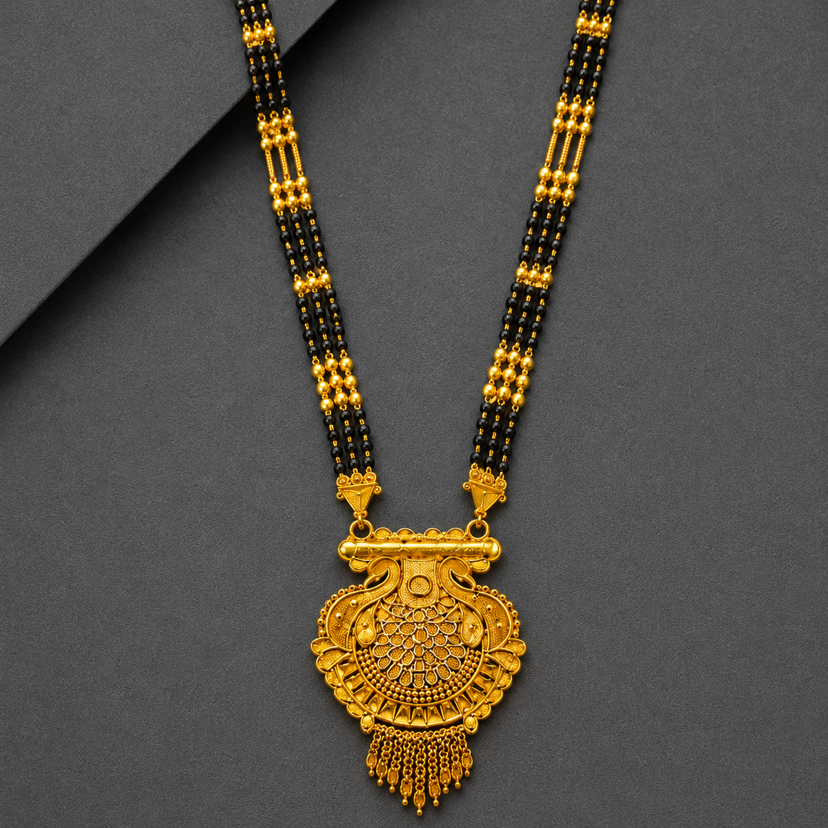 Traditional Long Black Bead Mangalsutra for Women with Royal Peacock Designer