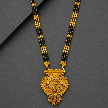 Traditional Long Black Bead Mangalsutra for Women with Royal Peacock Designer