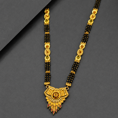 Traditional Long Black Bead Mangalsutra with Antique Floral Designer Pendant for Women