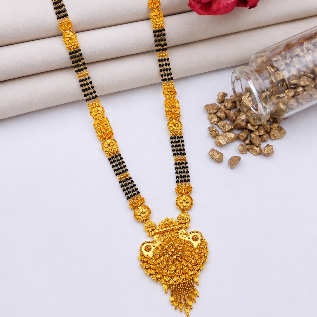 Traditional Black Bead Mangalsutra for Women with Intricate Floral Temple-Style