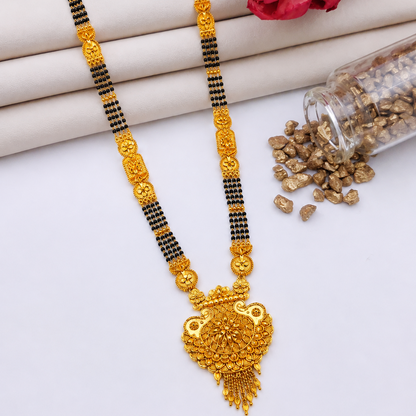 Traditional Black Bead Mangalsutra for Women with Intricate Floral Temple-Style