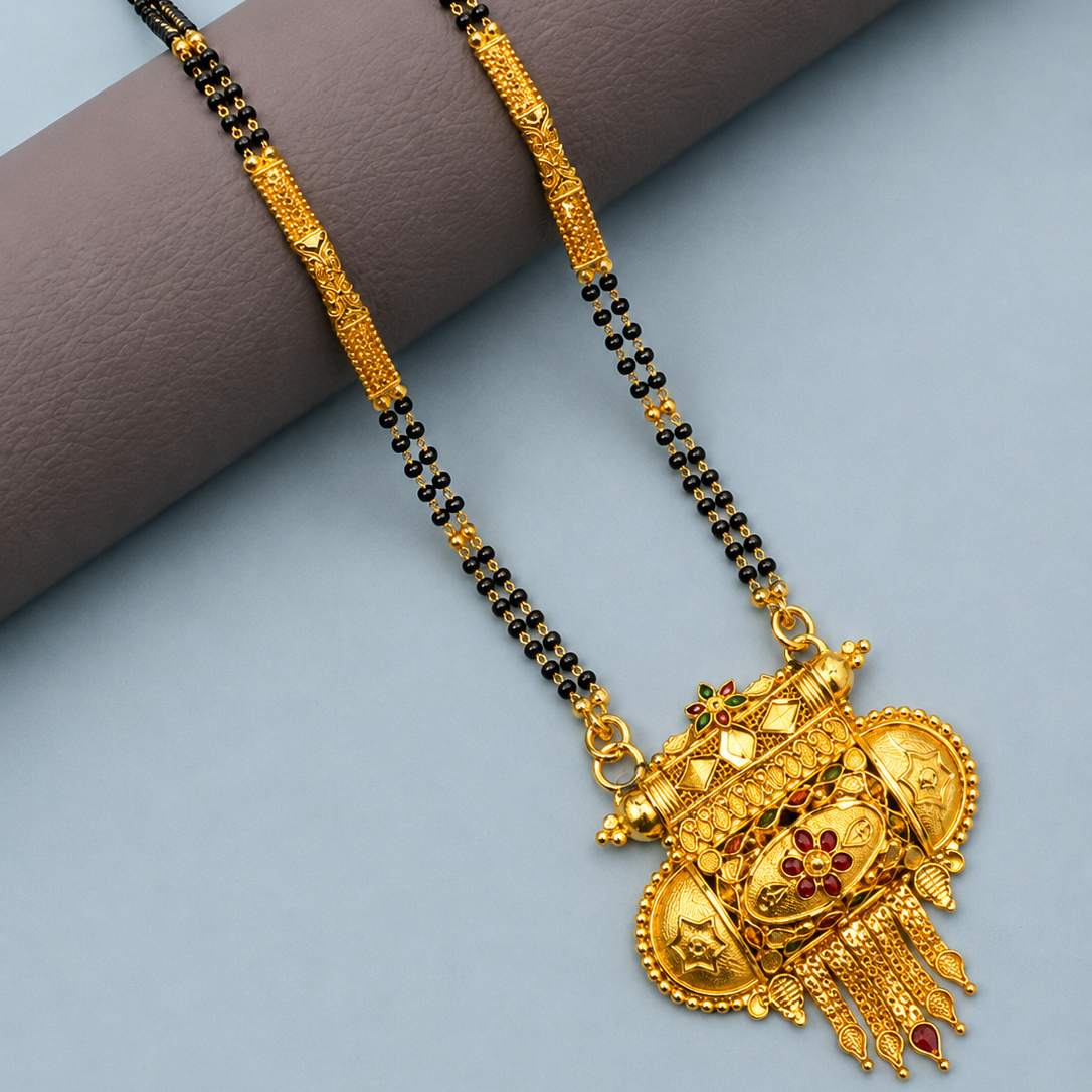 Traditional Royal Black Bead Mangalsutra for Women with Intricate Antique Temple Pendant