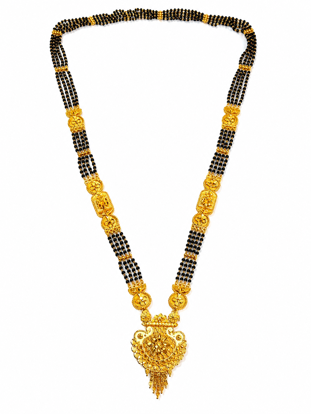 Traditional Black Bead Mangalsutra for Women with Intricate Floral Temple-Style