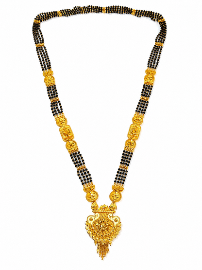 Traditional Black Bead Mangalsutra for Women with Intricate Floral Temple-Style