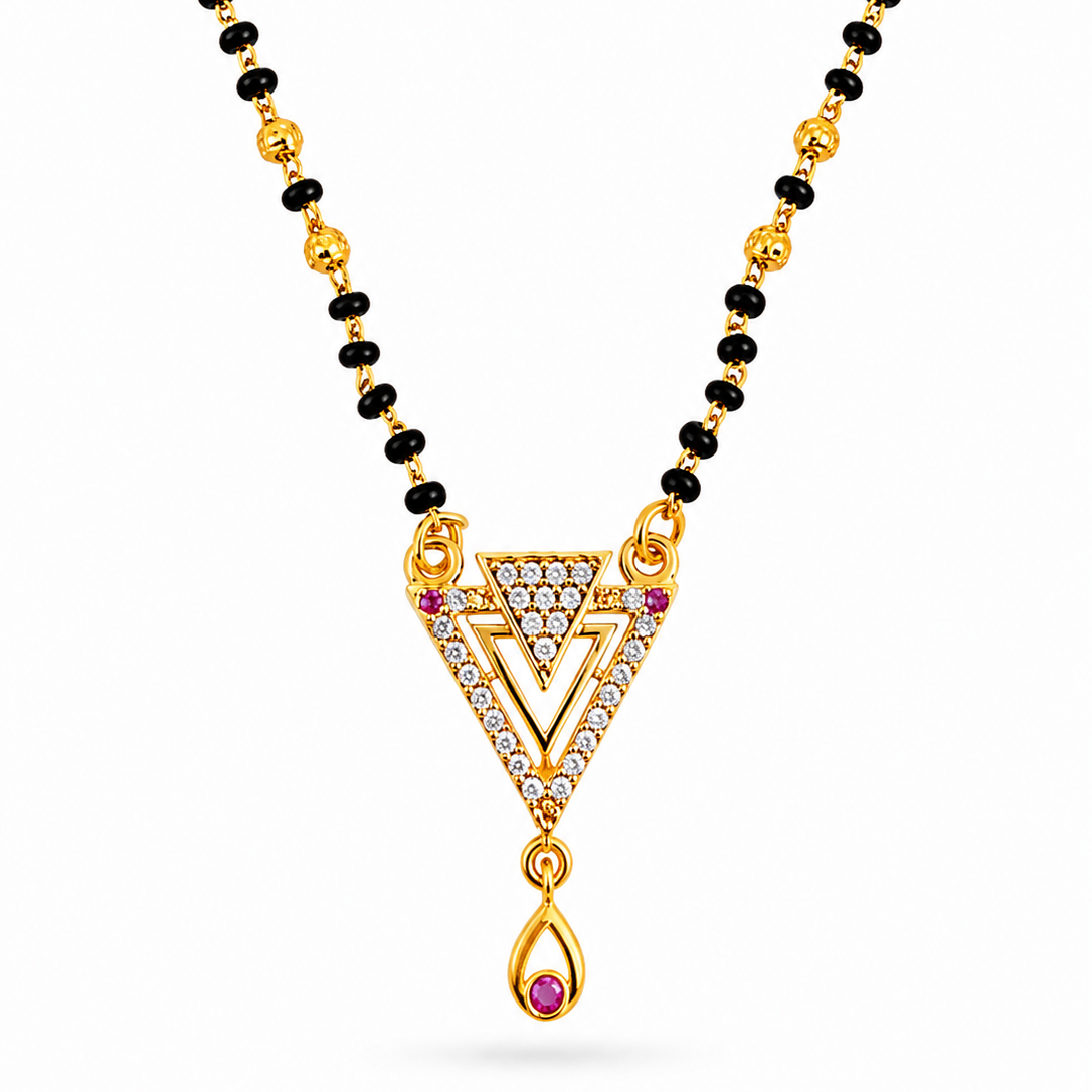 Designer Triangle CZ Stone Mangalsutra with Ruby Drop Pendant for Women