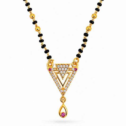 Designer Triangle CZ Stone Mangalsutra with Ruby Drop Pendant for Women