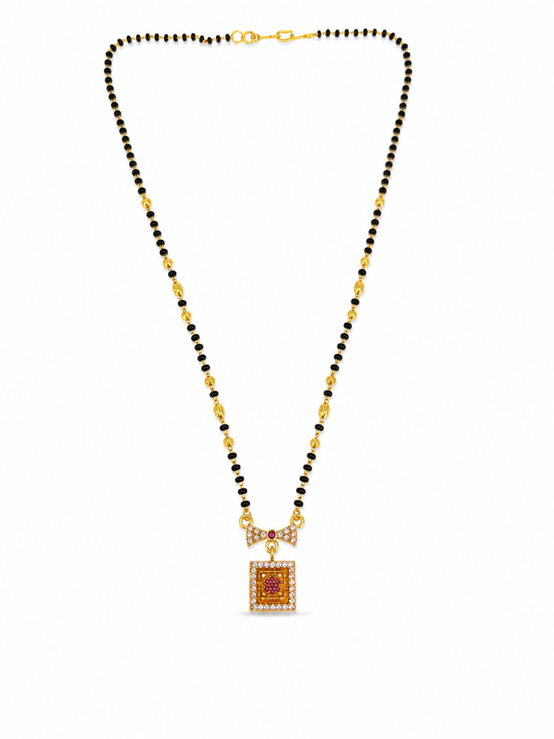 Elegant Black Bead Mangalsutra with Sparkling CZ Bow and Ruby Pendant