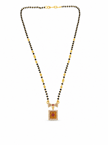Elegant Black Bead Mangalsutra with Sparkling CZ Bow and Ruby Pendant