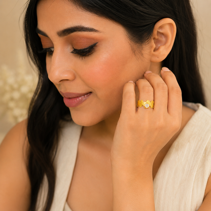 NUGOLD Leaf Adjustable Ring with Solitaire CZ Stone