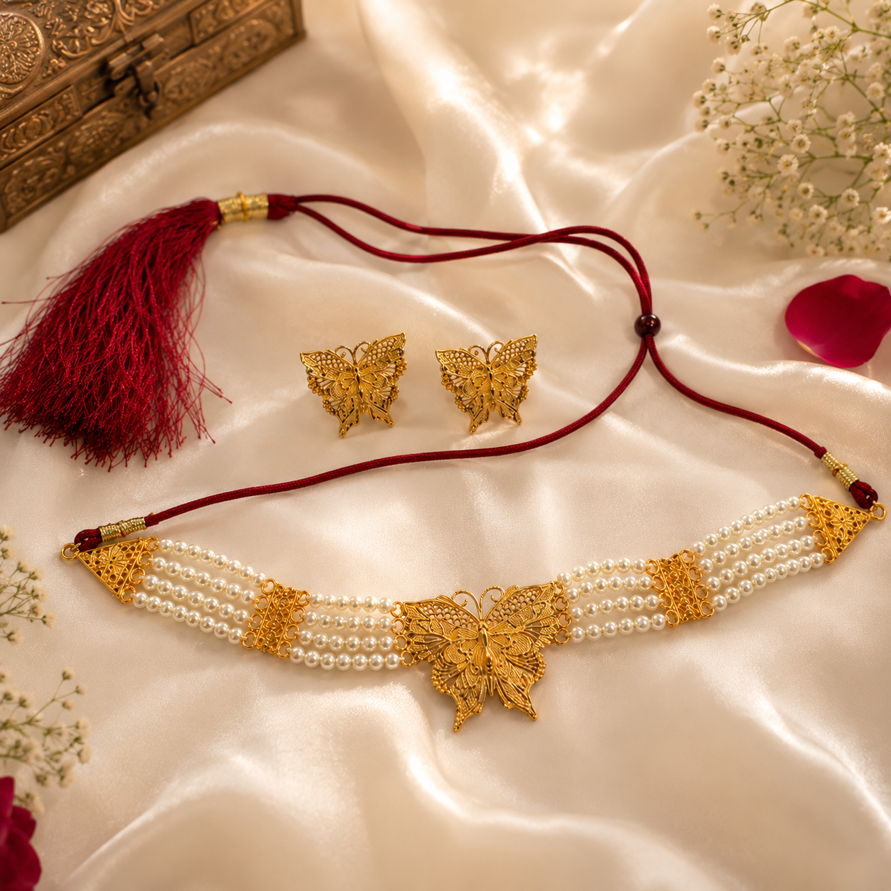 Elegant Butterfly Pearl Choker & Earrings Set