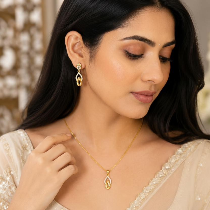NUGOLD Finish Teardrop Pendant Necklace & Earrings Set for Women