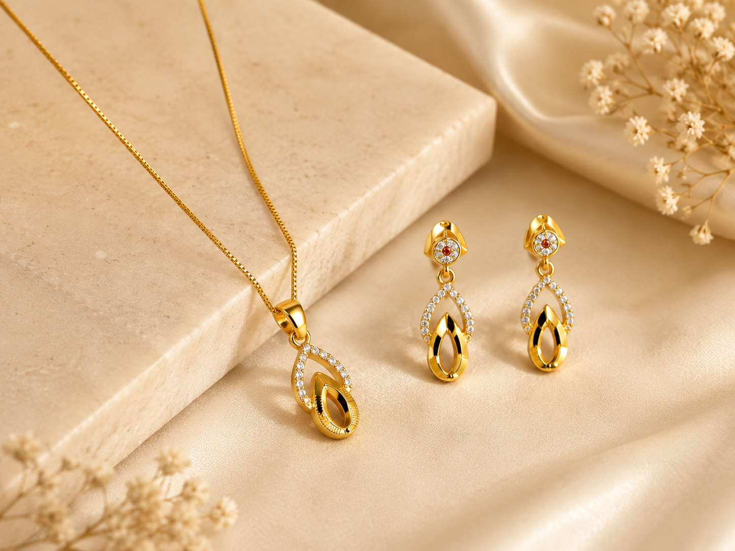 NUGOLD Finish Teardrop Pendant Necklace & Earrings Set for Women
