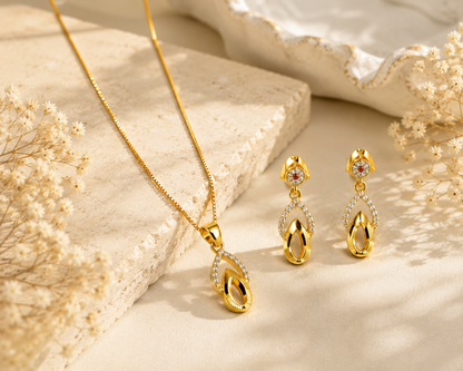 NUGOLD Finish Teardrop Pendant Necklace & Earrings Set for Women