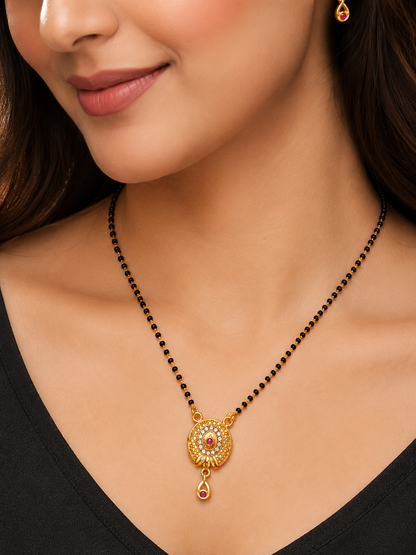 NUGOLD Antique Style Black Bead Mangalsutra with CZ & Ruby Pendant