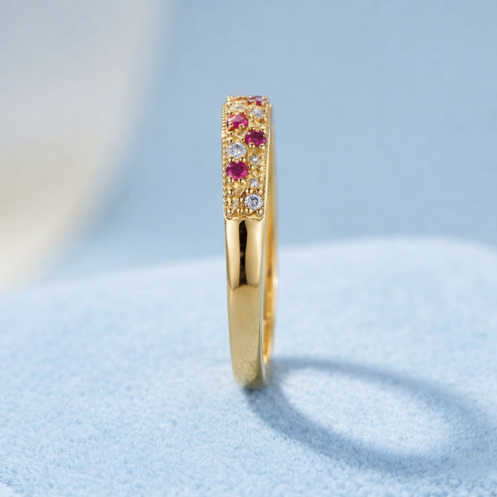 NUGOLD Stylish Band Ring with Alternating Pink & White CZ Stones