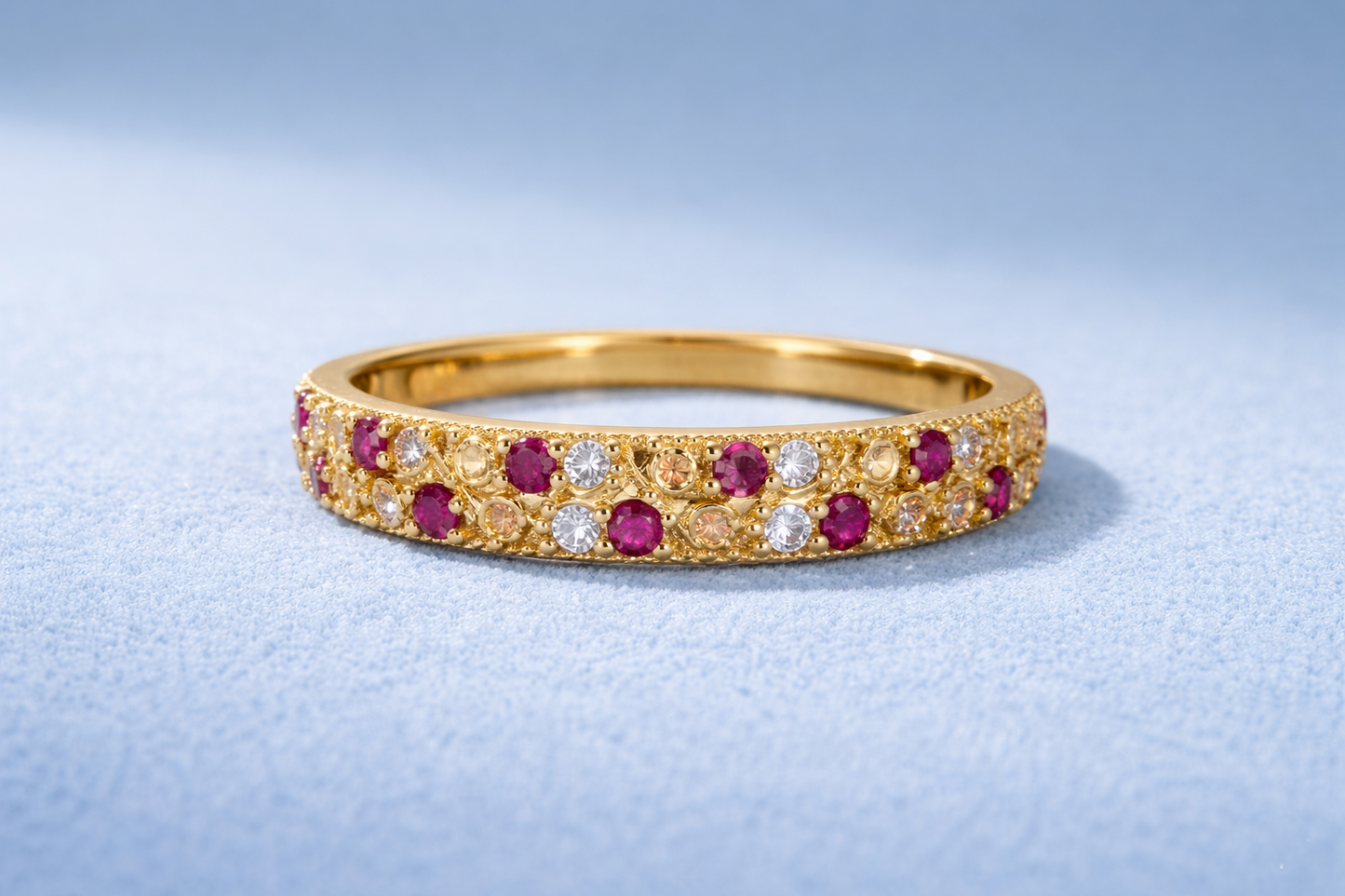 NUGOLD Stylish Band Ring with Alternating Pink & White CZ Stones