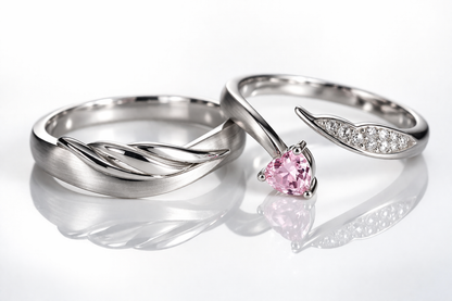 His & Hers Stainless Steel Pink Heart Couple Ring Set
