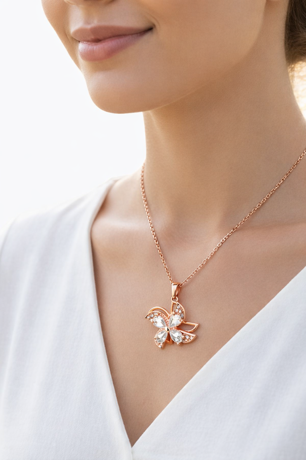 Elegant Rose Gold Butterfly Crystal Pendant Necklace for Women