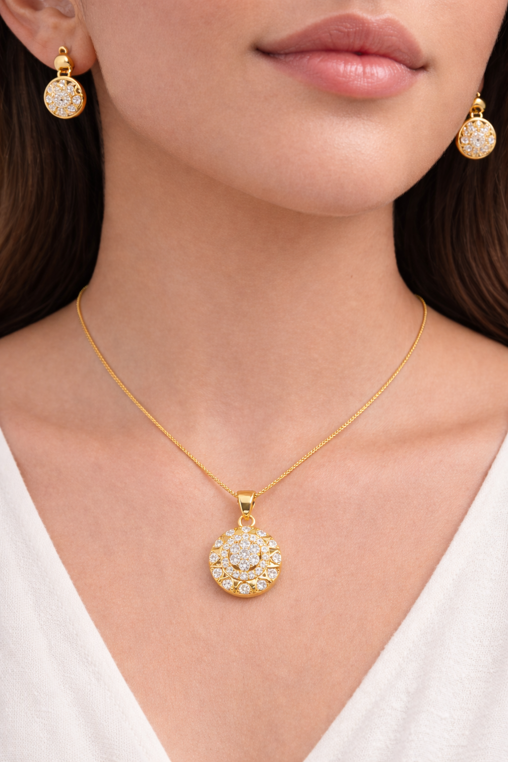 NuGold Round CZ Pendant Necklace Set